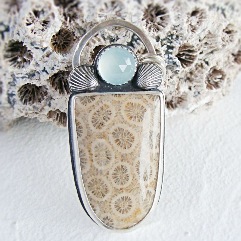 Sterling Silver Fossilised Coral Specimen & Aqua Chalcedony Pendant