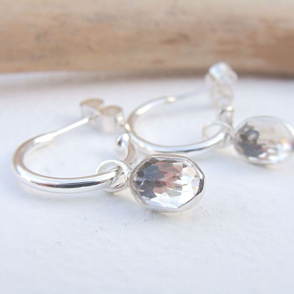 Sterling Silver Huggie Hoops with Winter Star White Topaz Faceted Cabochons