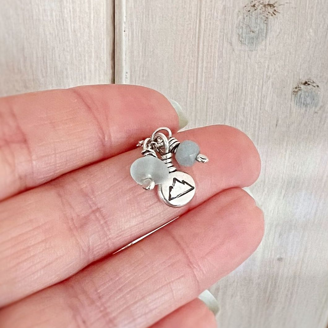 Recycled Sterling Silver Mountain Stamped Pebble Cluster Charm Necklace with Amazonite and Frosted Glass