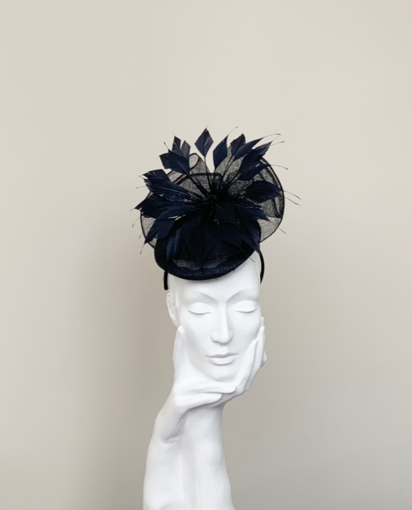 Dark Navy Feather Flower Button Fascinator