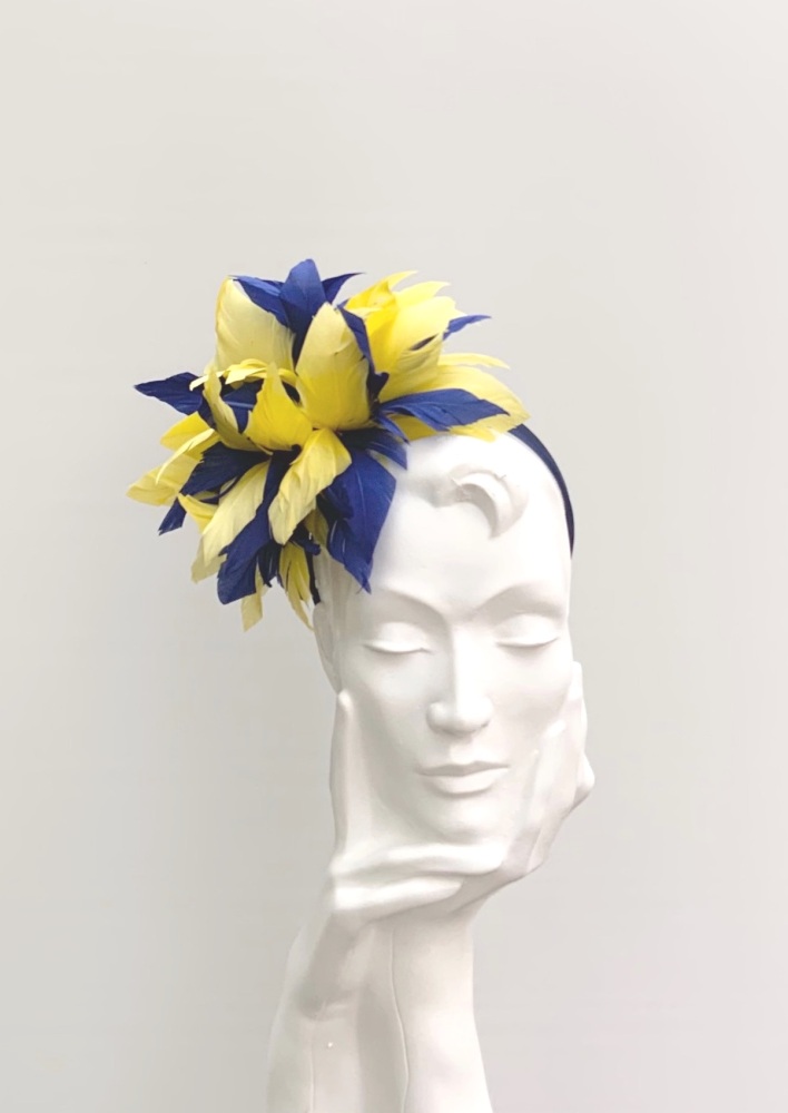 Cobalt / Sapphire Blue & Yellow Feather Fascinator