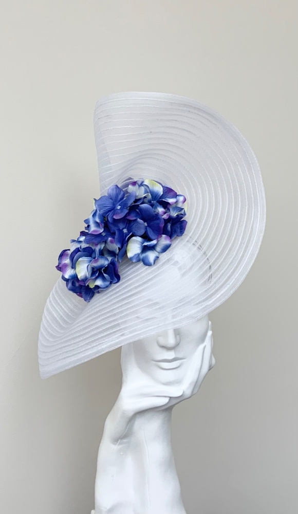 White & Purpley Blue Floral Large Crin Wedding Occasion Hat / Hatinator