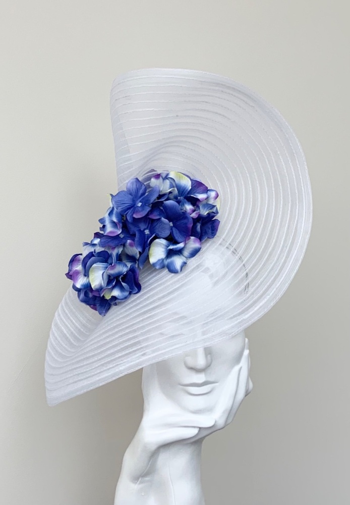 White & Purpley Blue Floral Large Crin Wedding Occasion Hat / Hatinator