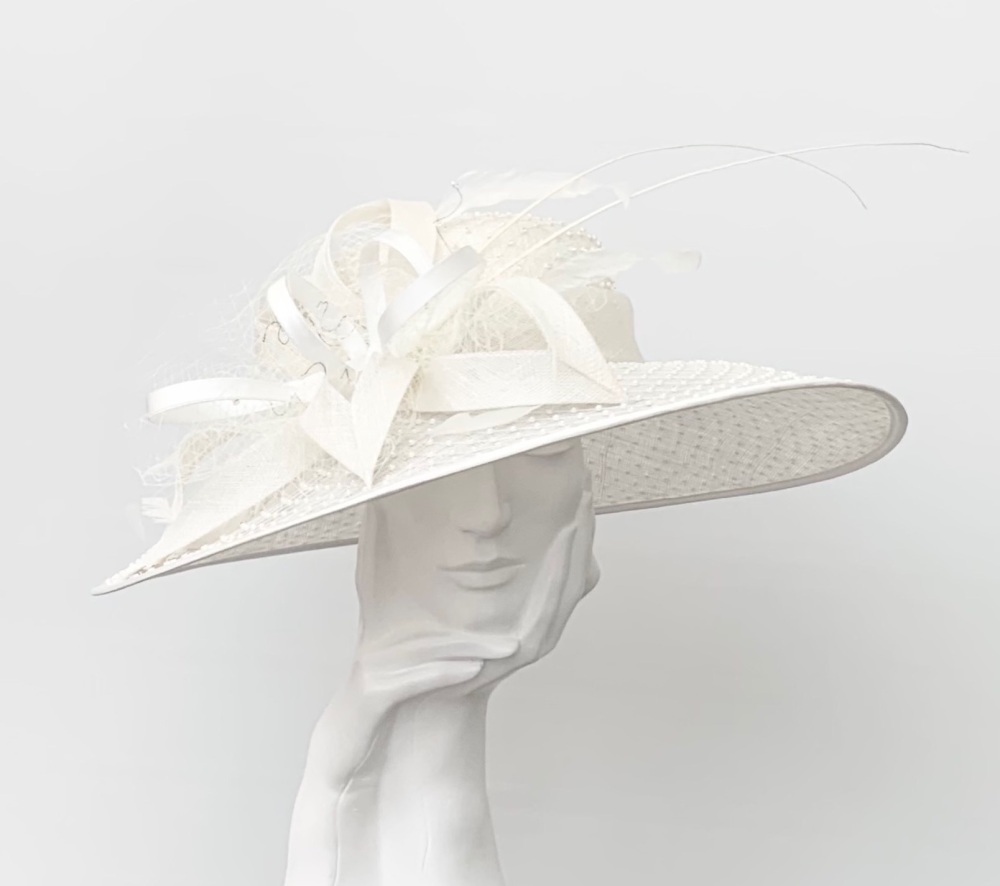 Pale Cream Crystal Overlay Large Wedding Occasion Hat