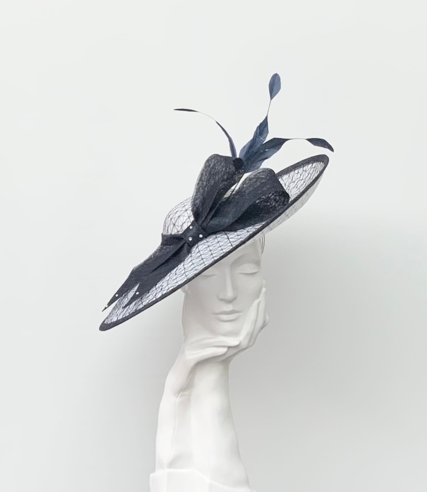 White and Navy Large Wedding Occasion Hat