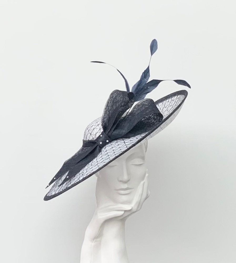 White and Navy Large Wedding Occasion Hat