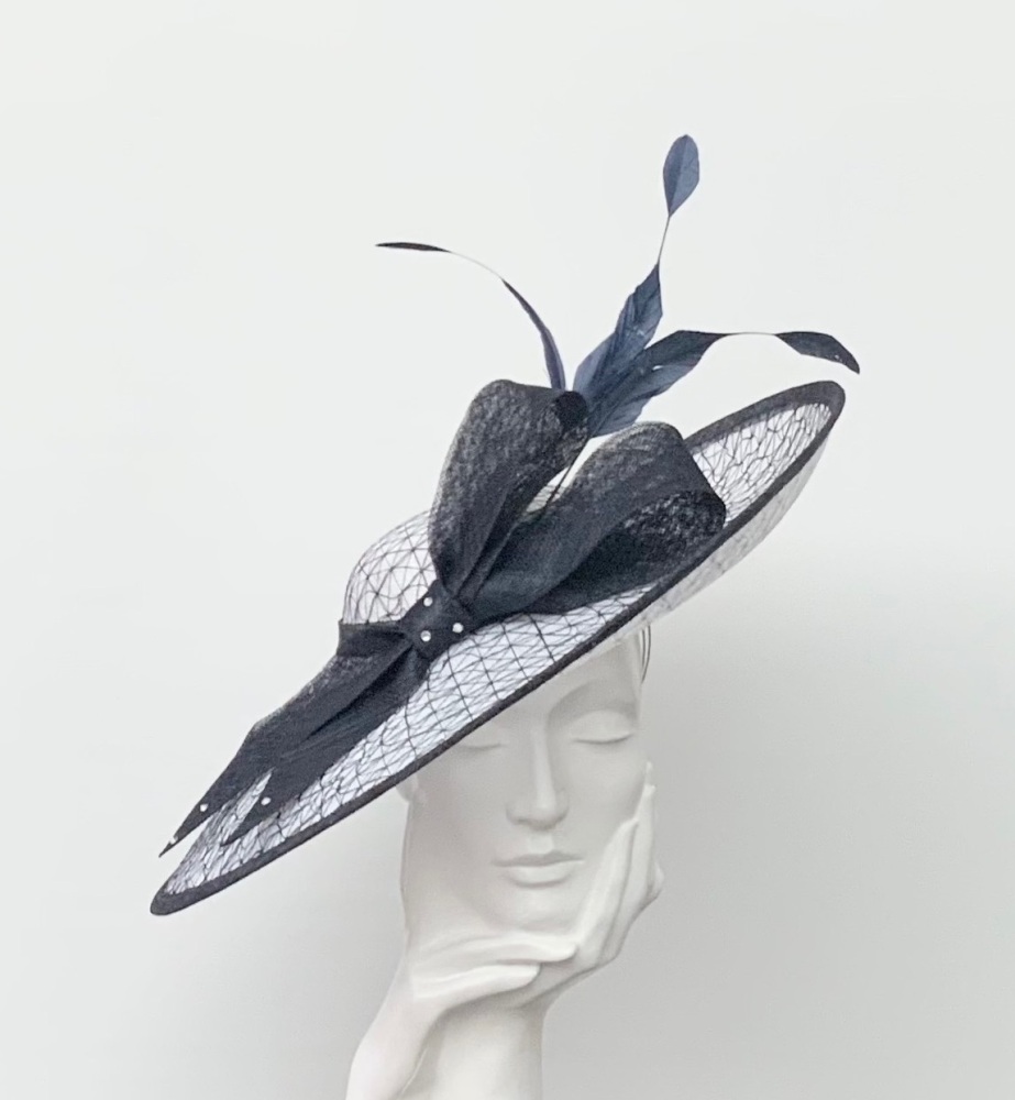 White and Navy Large Wedding Occasion Hat