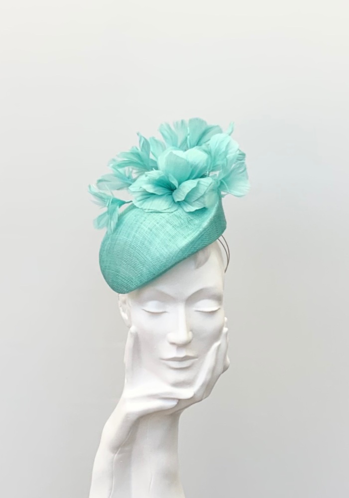 Pale Turquoise Green  / Aqua Green Buntal and Feather Flower Teardrop Percher Fascinator
