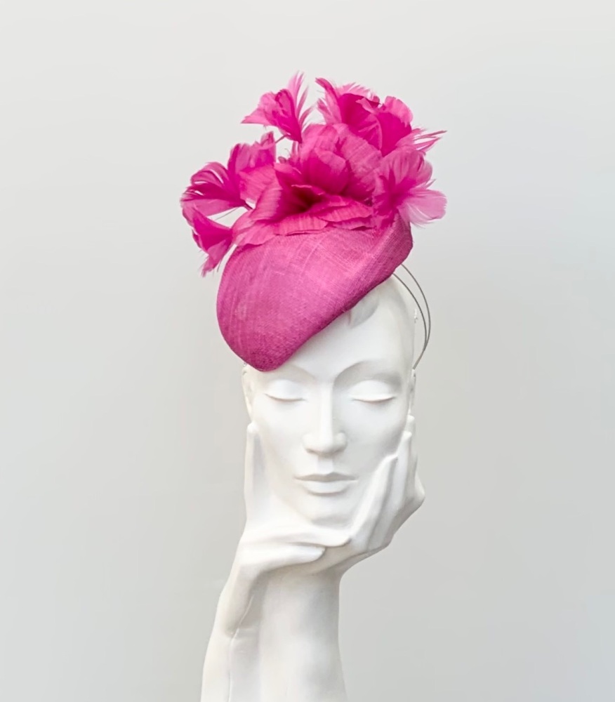 Fuschia Pink Buntal and Feather Flower Teardrop Percher Fascinator