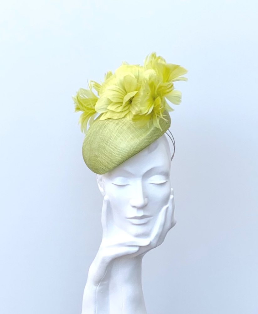 Lime Green Buntal and Feather Flower Teardrop Percher Fascinator