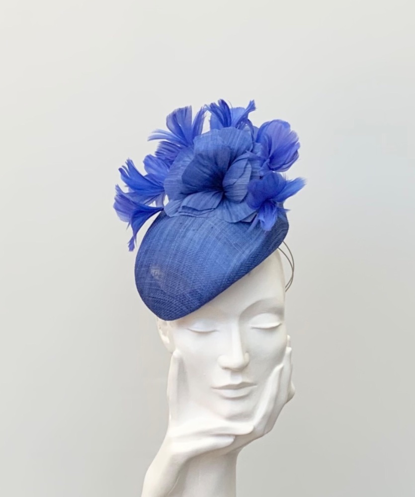 Royal Blue Buntal and Feather Flower Teardrop Percher Fascinator