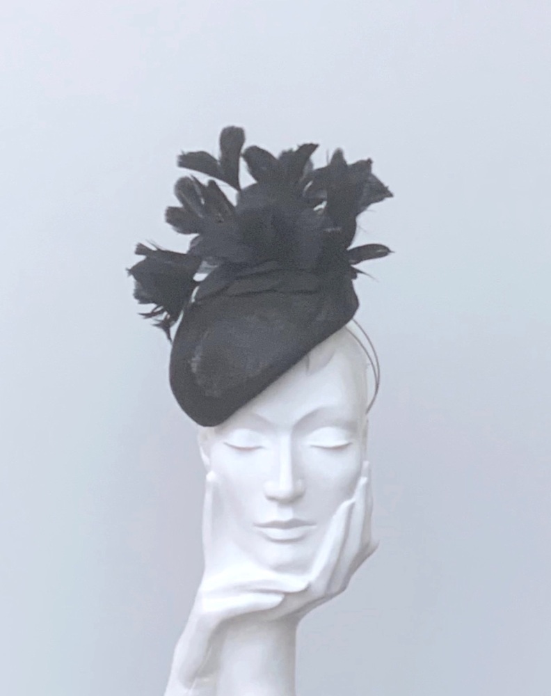 Black Buntal and Feather Flower Teardrop Percher Fascinator