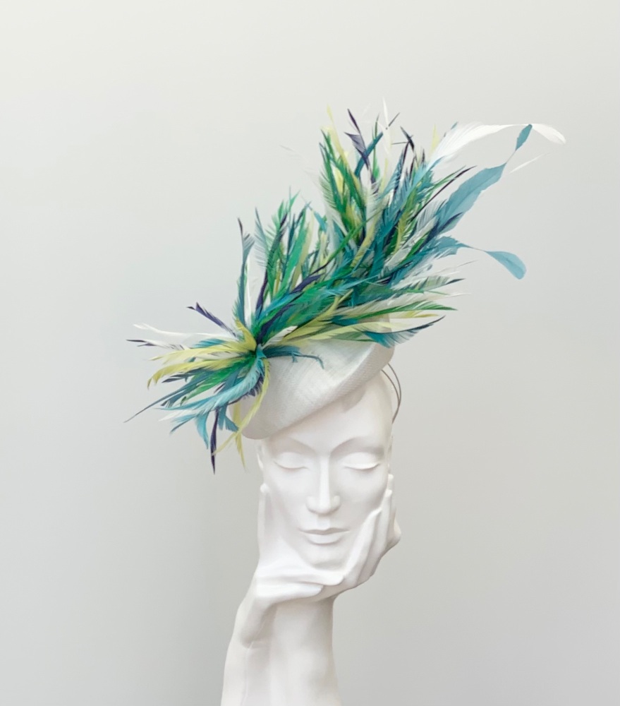 Ivory/ Off White Multi Colour Feather Festoon Teardrop Fascinator