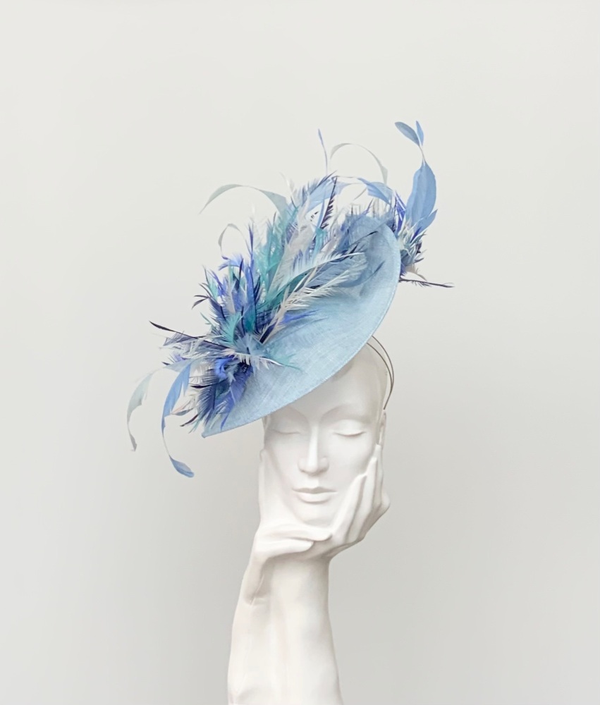 Pale Blue and Multi Blue Shades Feather Explosion Asymmetric Saucer Fascinator