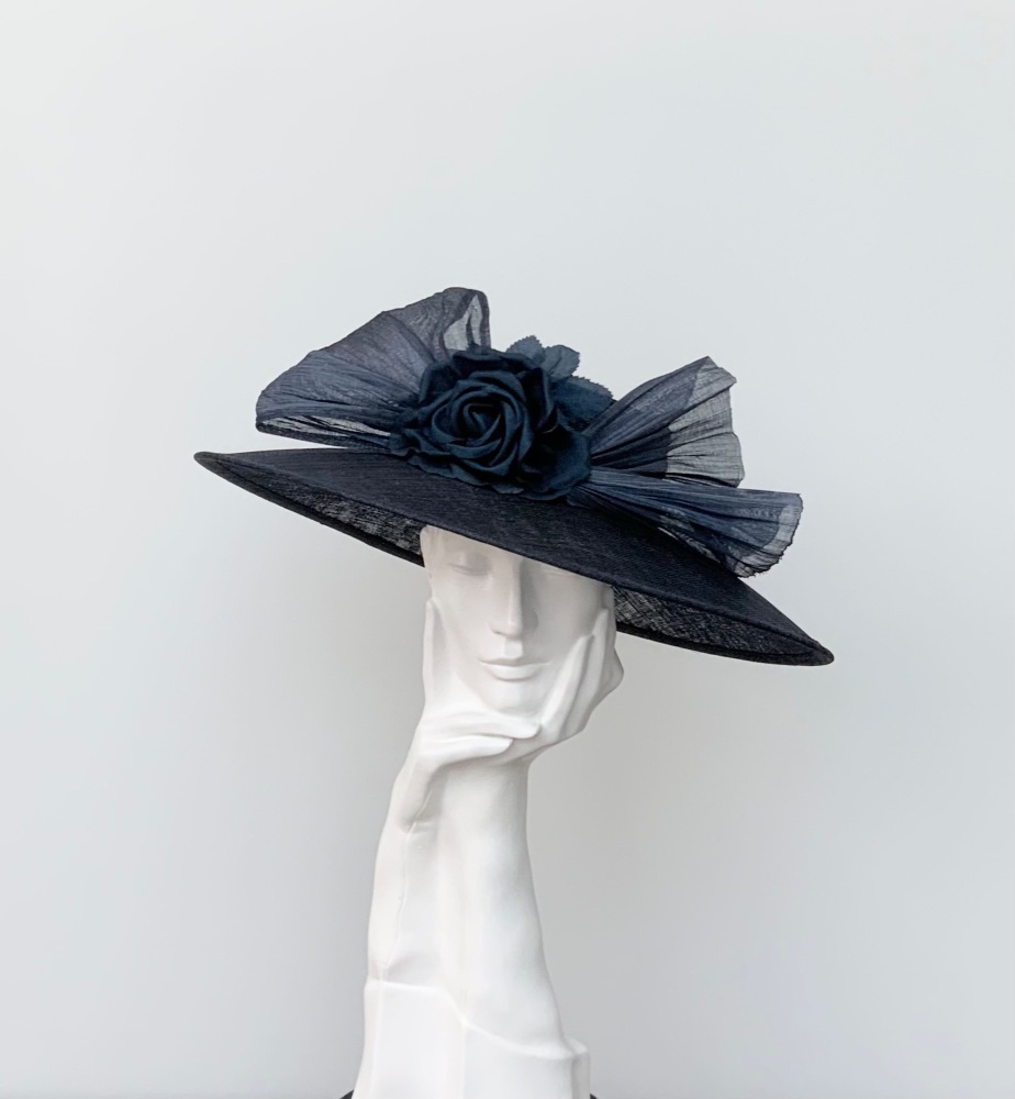 Dark Navy Silk Flower and Buntal Bow Hat