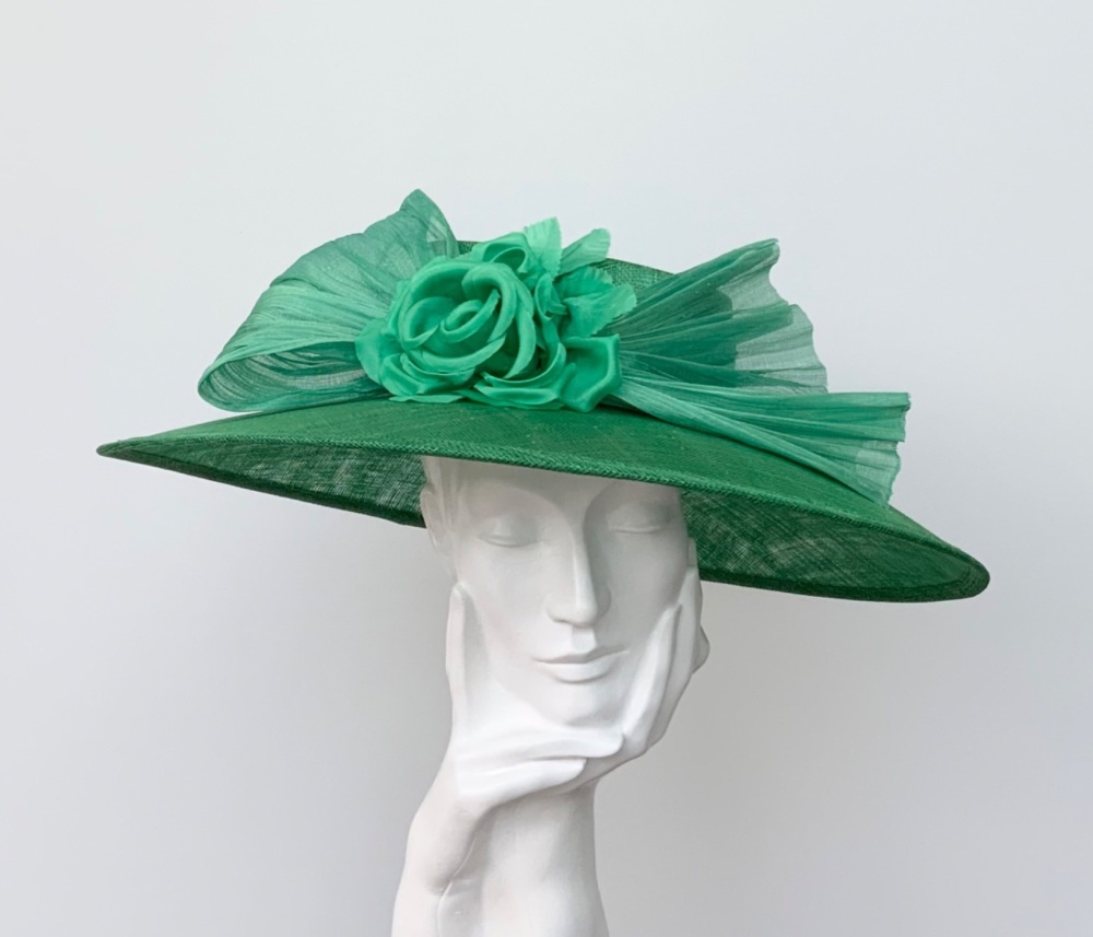 Fern Green (Mid Green) Silk Flower and Buntal Bow Hat