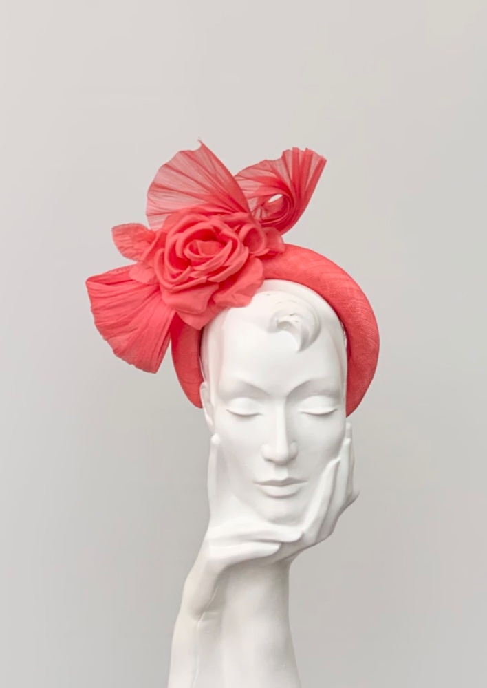 Bright Coral Orange Buntal Fan & Silk Rose Halo Headband
