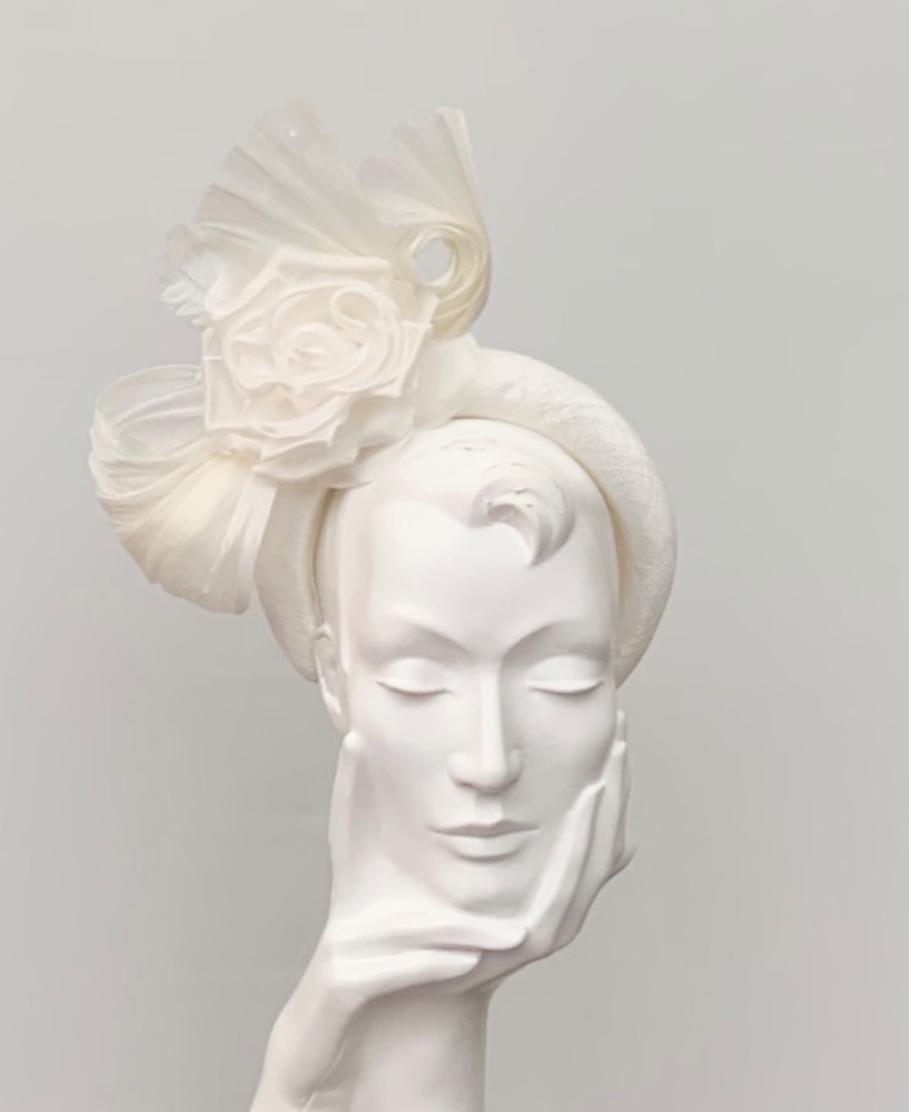 Ivory Cream Buntal Fan & Silk Rose Halo Headband Fascinator