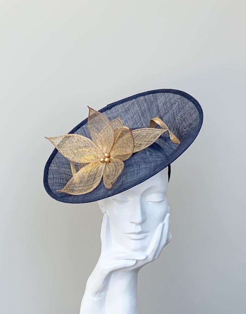 Navy Blue (not Dark Navy) and Metallic Gold Flower Saucer Fascinator