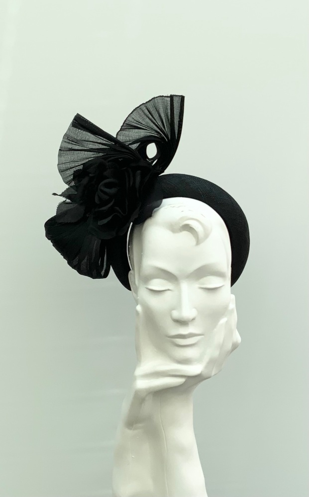 Black Buntal Fan & Silk Rose Halo Headband Fascinator