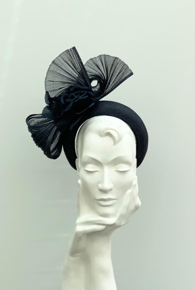 Dark Navy Buntal Fan & Silk Rose Halo Headband Fascinator