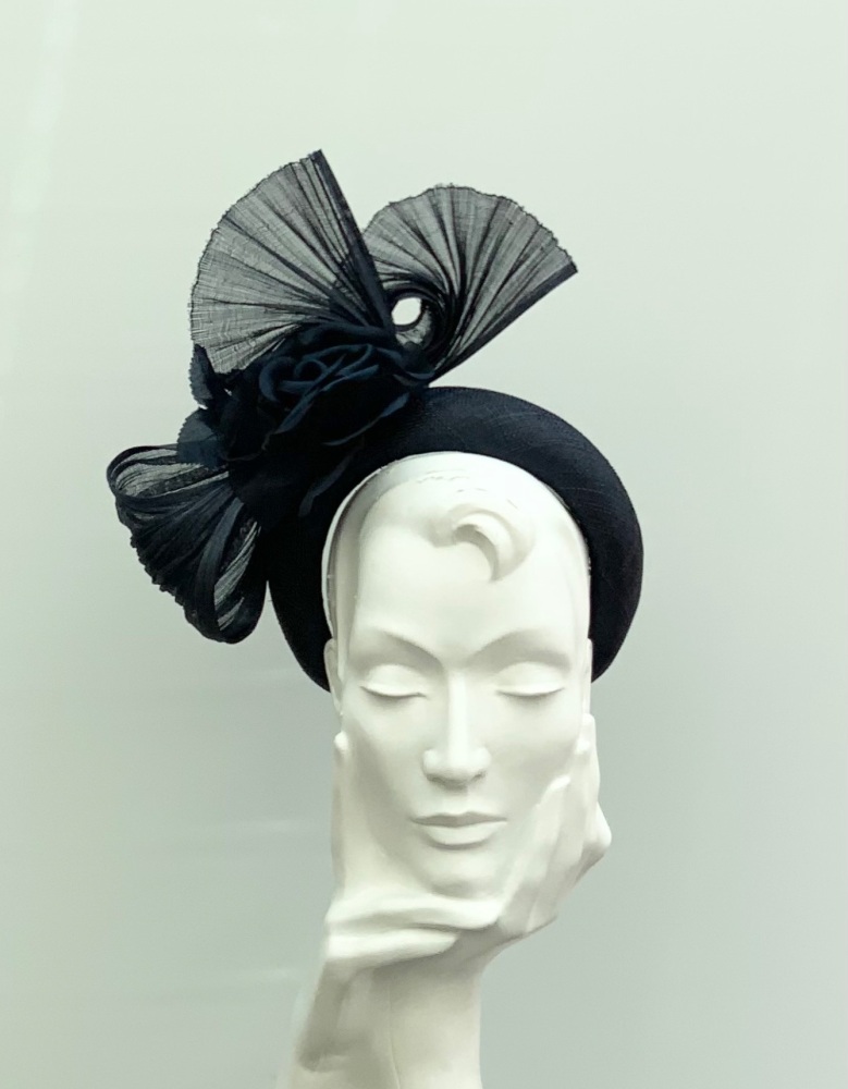 Dark Navy Buntal Fan & Silk Rose Halo Headband Fascinator