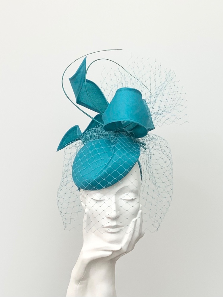 Teal Blue Veiled Percher Fascinator Hat