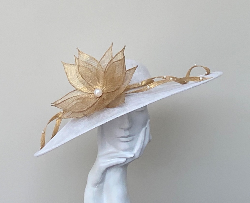 Off White and Sparkly Gold Flower Very Large Saucer Hatinator Hat