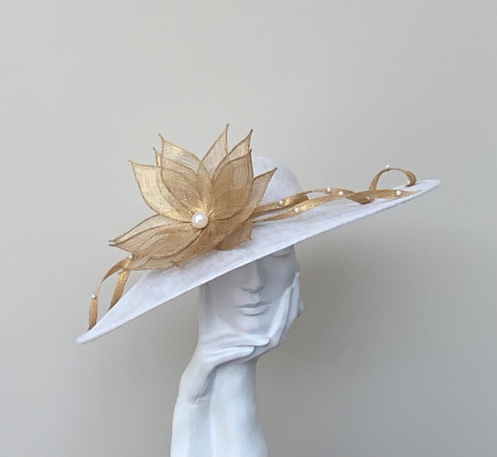 Off White and Metallic Gold Very Large Saucer Hatinator Hat