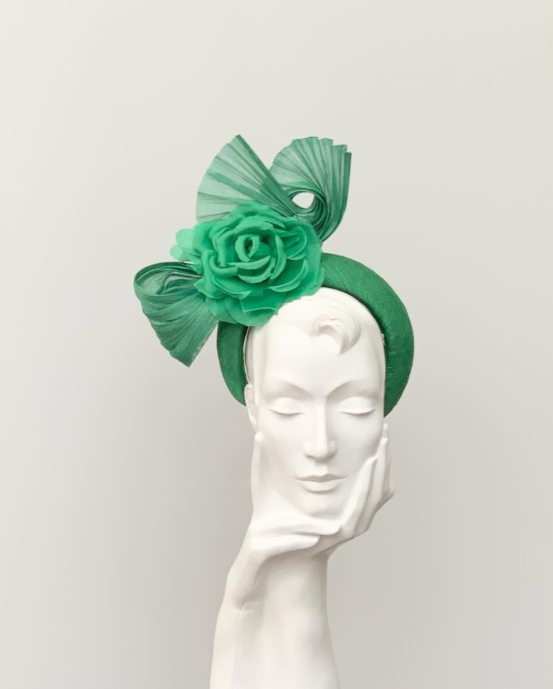Bright Emerald Green Buntal Fan & Silk Rose Halo Headband Fascinator
