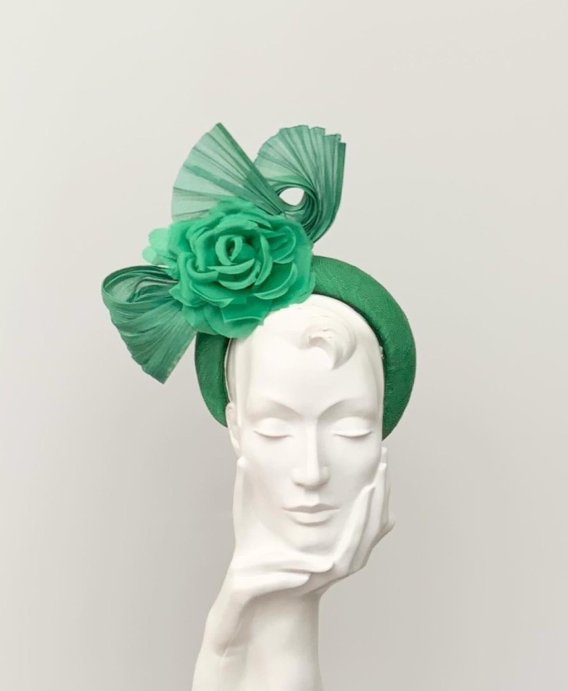 Bright Emerald Green Buntal Fan & Silk Rose Halo Headband Fascinator