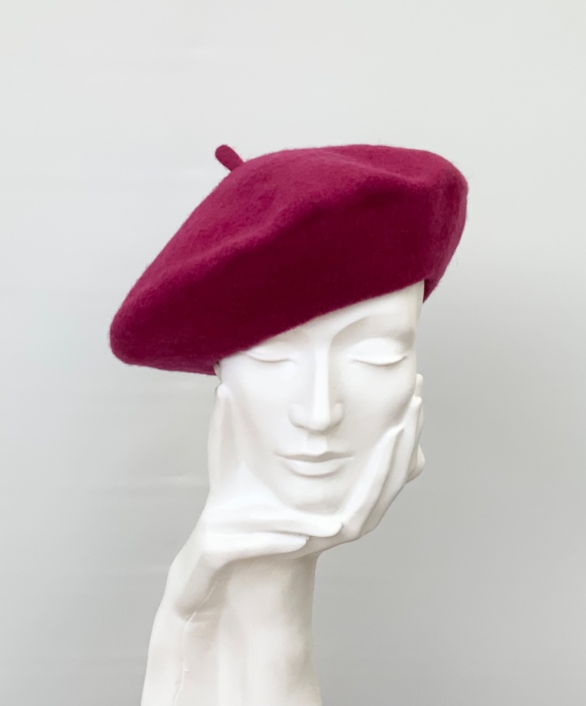 Deep Raspberry Pink 100% Wool Felt Beret Hat