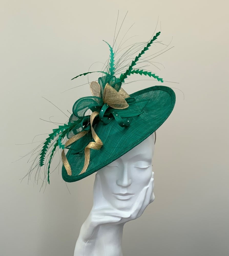Emerald Green & Sparkly Gold Saucer Fascinator