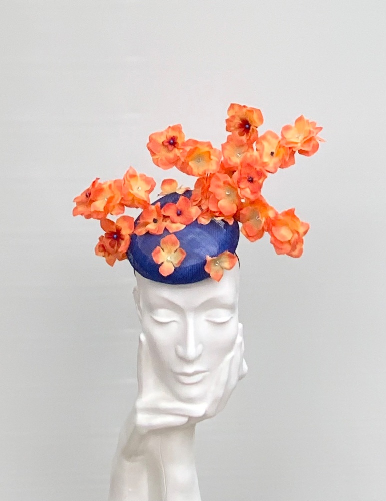 Royal Blue and Orange Floral Chic Button Fascinator
