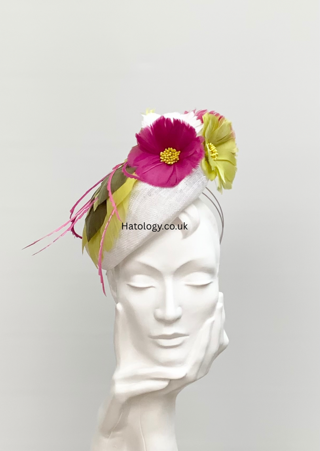 White Pink and Green mix Feather Flower Cluster Pillbox Fascinator