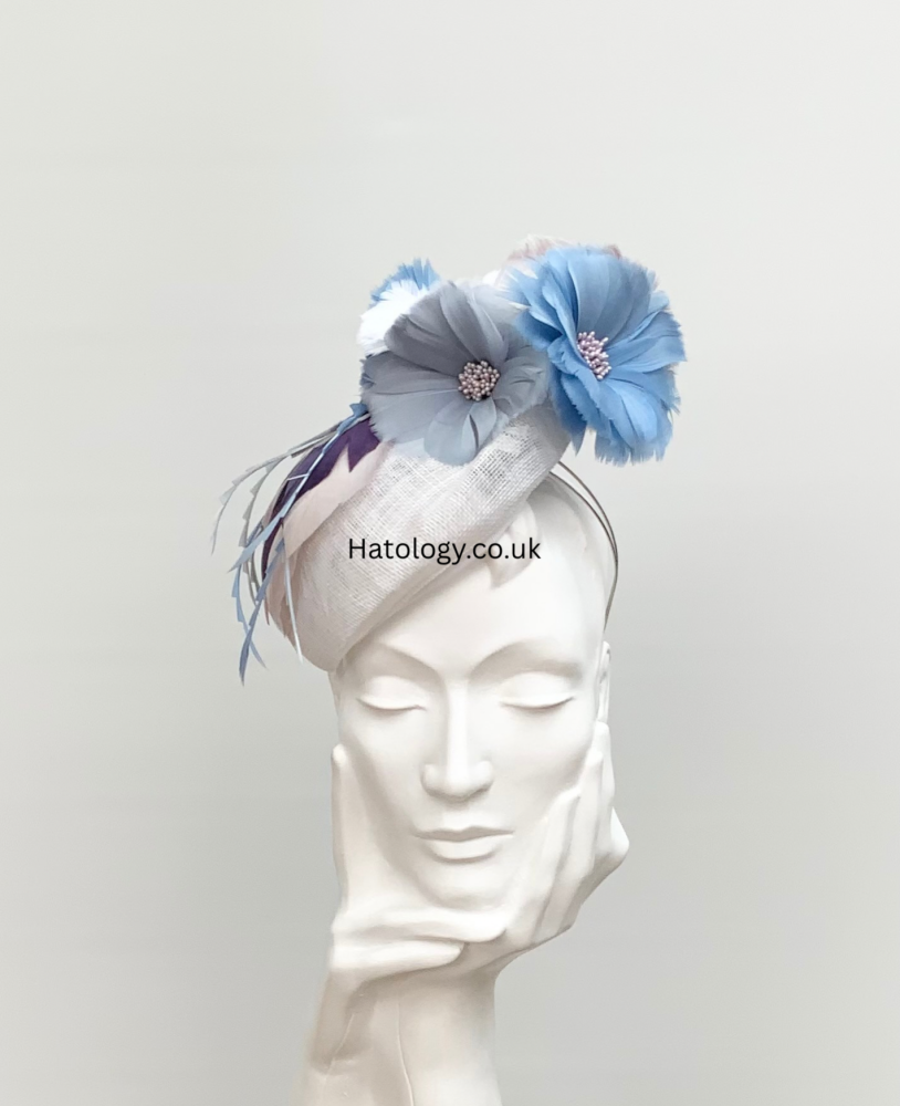 White Blue Purple Mix Feather Flower Cluster Pillbox Fascinator