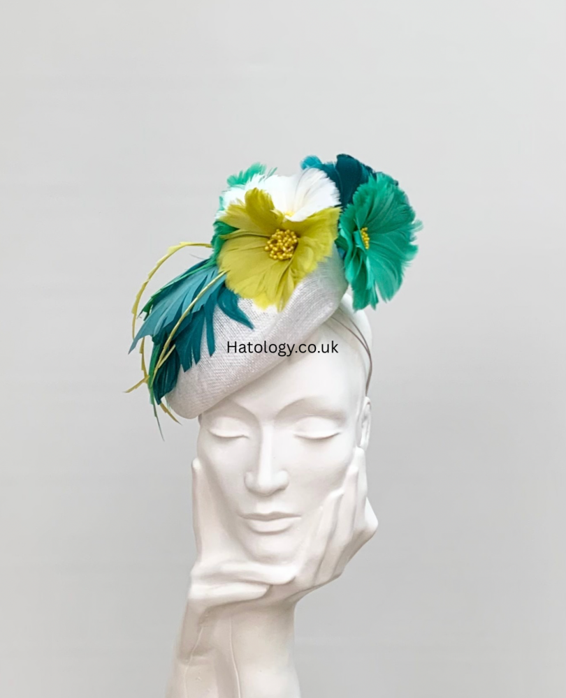 White Green Yellow Mix Feather Flower Cluster Pillbox Fascinator