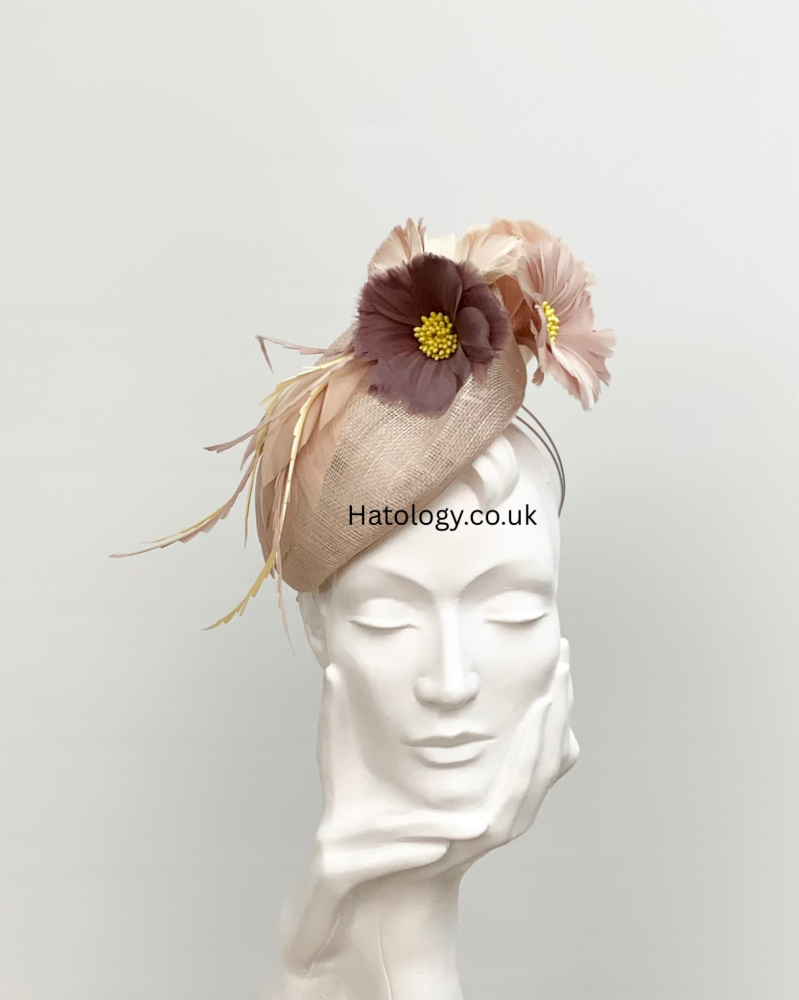 Beige Brown Nude Mix Feather Flower Cluster Pillbox Fascinator