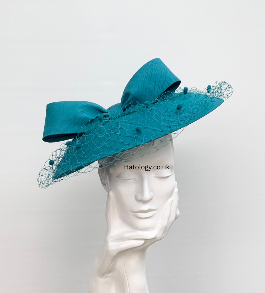 Teal Shantung Bow Down Turn Brim Saucer Fascinator