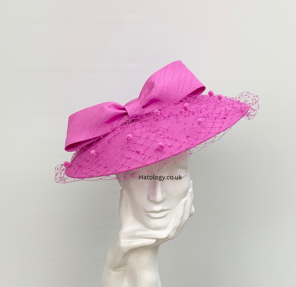 Fuschia Pink Shantung Bow Down Turn Brim Saucer Fascinator