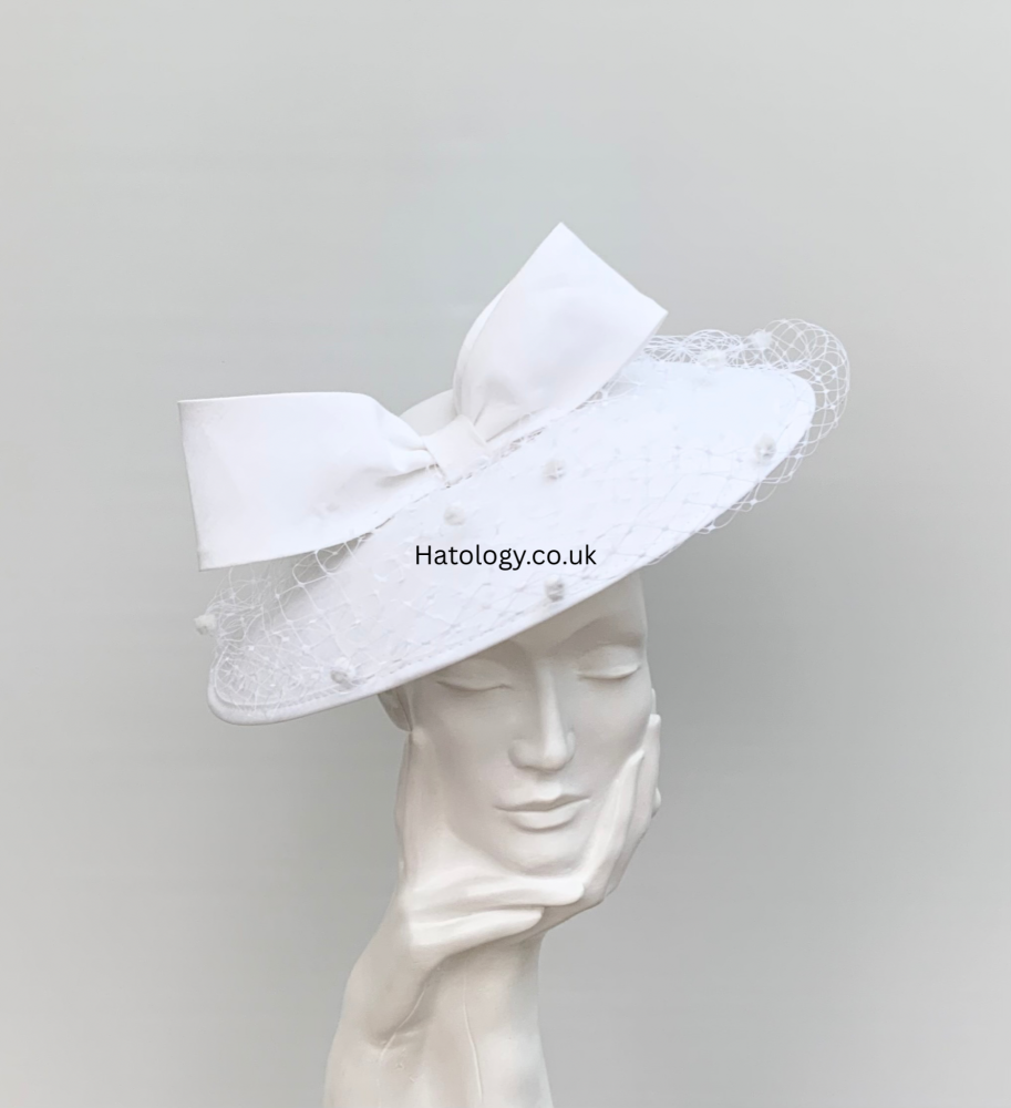White Shantung Bow Down Turn Brim Saucer Fascinator
