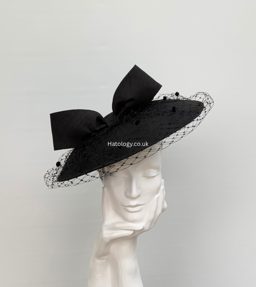 Black Shantung Bow Down Turn Brim Saucer Fascinator
