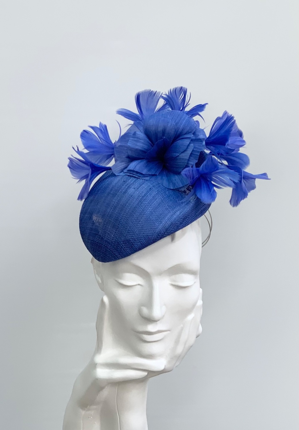 Royal Blue Buntal and Feather Flower Teardrop Percher Fascinator