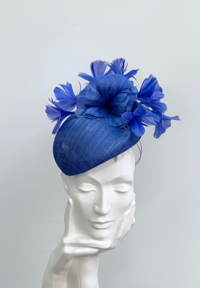 Royal Blue Buntal and Feather Flower Teardrop Percher Fascinator