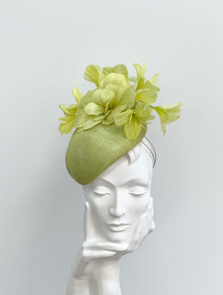 Lime Green Buntal and Feather Flower Teardrop Percher Fascinator
