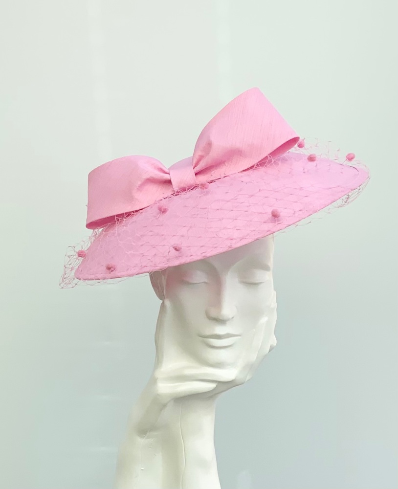 Pink Shantung Bow Down Turn Brim Saucer Fascinator