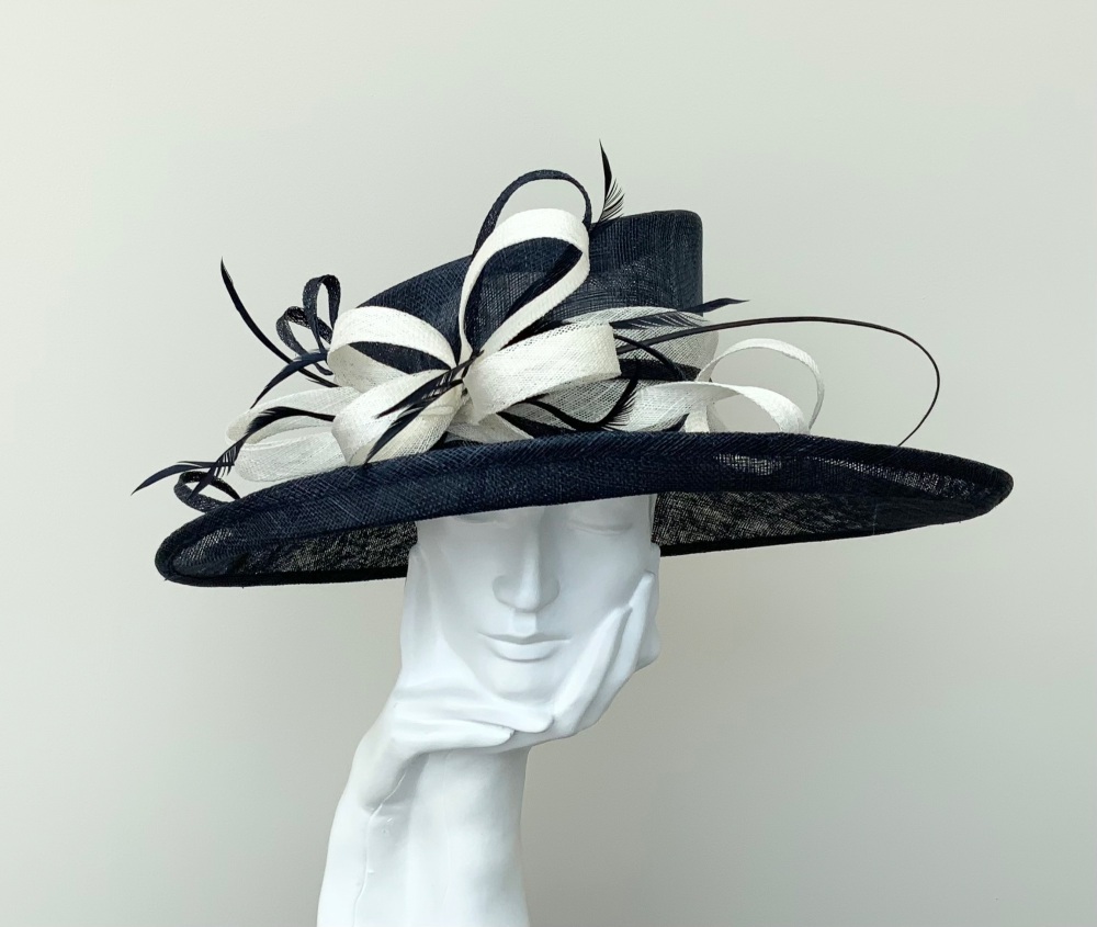 Dark Navy Blue & Cream Large Wedding Occasion Hat
