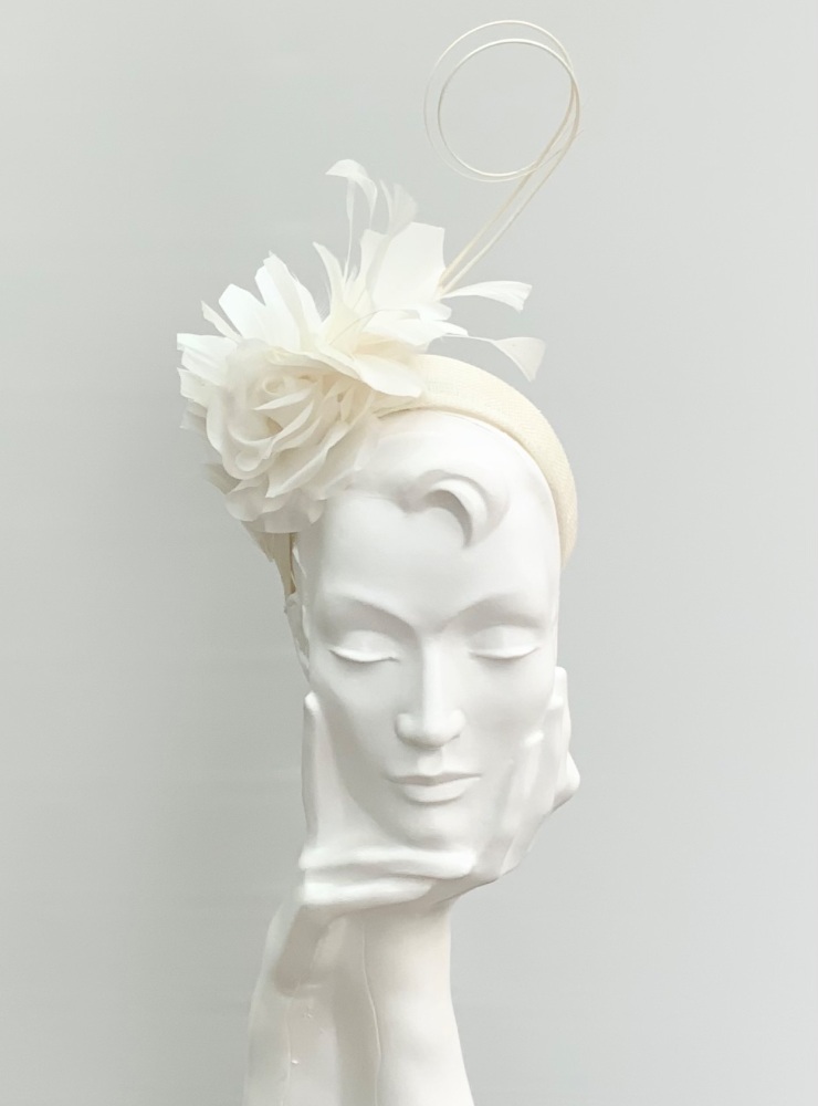 Pale Cream Feather Plume and Silk Rose Halo Headband Fascinator