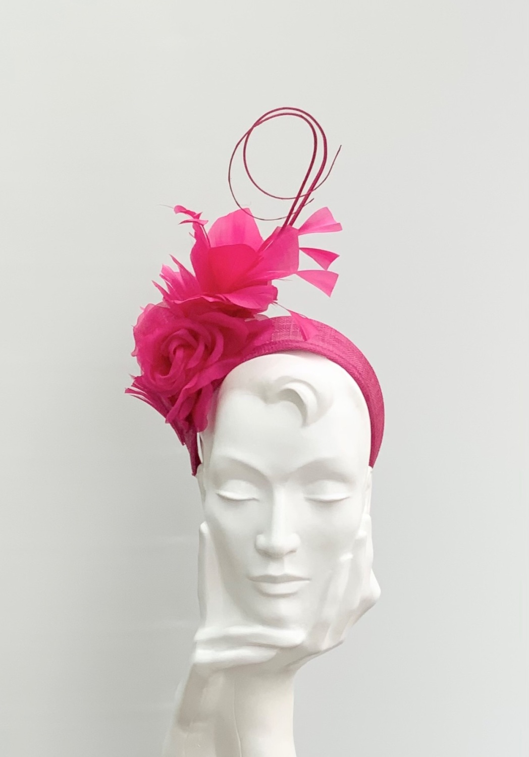Fuschia Pink Feather Plume and Silk Rose Halo Headband Fascinator