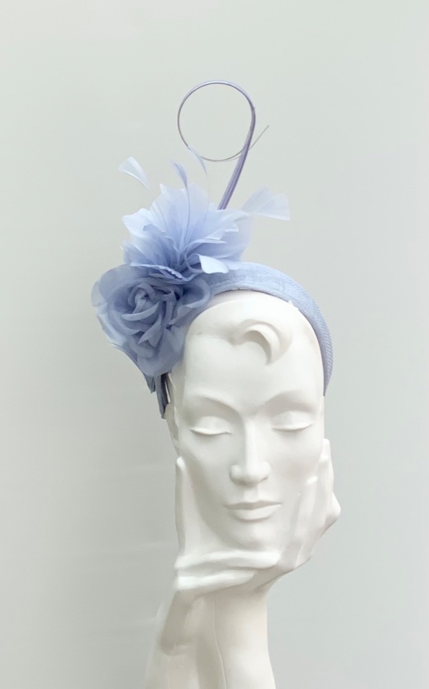 Periwinkle Blue / Lilac Blue Feather Plume and Silk Rose Halo Headband Fascinator